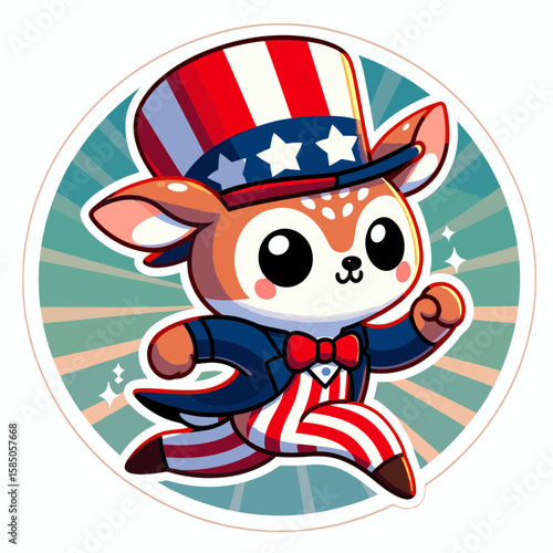 Deer. Independence Day 4th of July American Flag Cute Cartoon Mascot Clipart Line Art Vector Illustration. Woodland creature a four-legged mammal similar to antelope or elk cervidae.