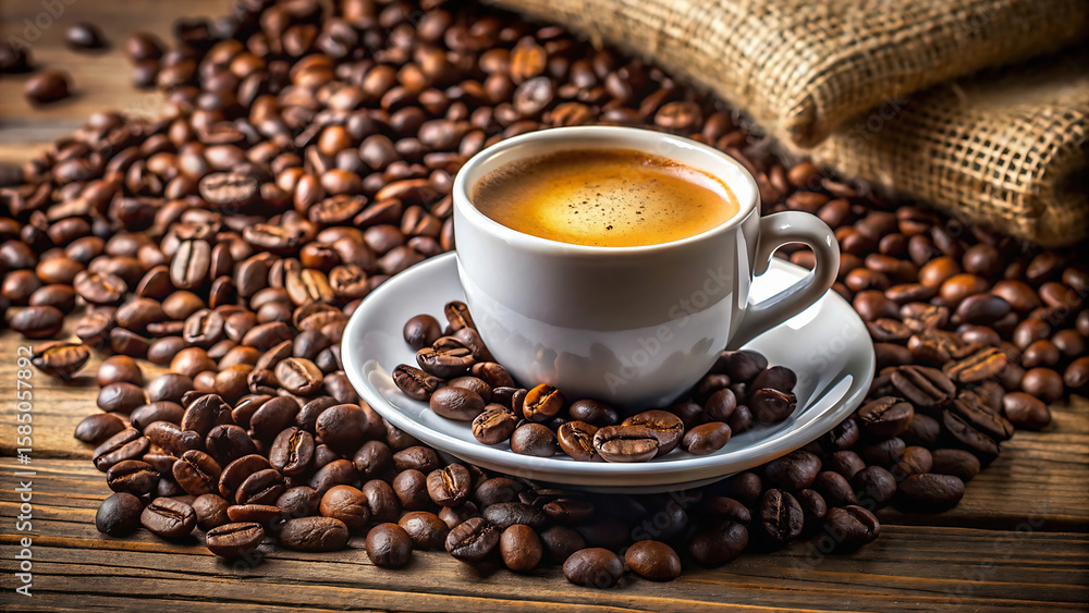 A cup of coffee on a saucer surrounded by coffee beans and a burlap sack on a wooden surface A cup of coffee on a saucer surrounded by coffee beans and a burlap sack on a wooden surface