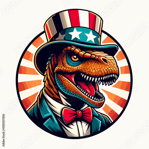 Dinosaur. Independence Day 4th of July American Flag Cute Cartoon Mascot Clipart Line Art Vector Illustration. Prehistoric reptile ancient being huge creature extinct animal.