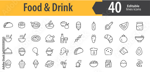 Food and Drinks Line Icons, Burger, Pizza, Coffee Cup, Juice Glass, Cutlery, Editable Formats: AI, EPS, PNG, Ideal for Both UI and Print Media Use
