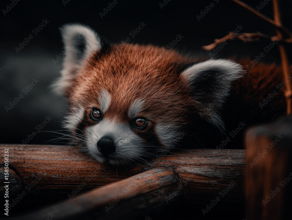 Obraz premium Red panda resting its head on a wooden branch