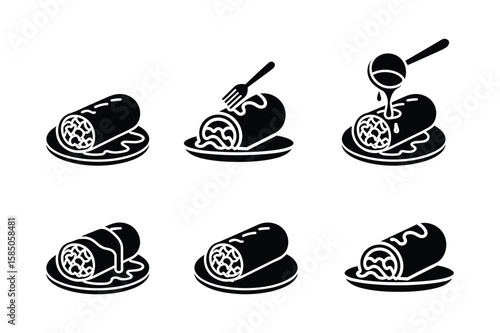 Black silhouette of rolled food items on plates with various toppings and utensils