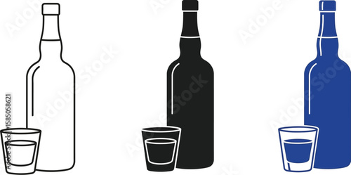 Three liquor bottle illustrations, outlined, black and blue, presented with shot glasses, ideal for bar menus or promotional graphics.