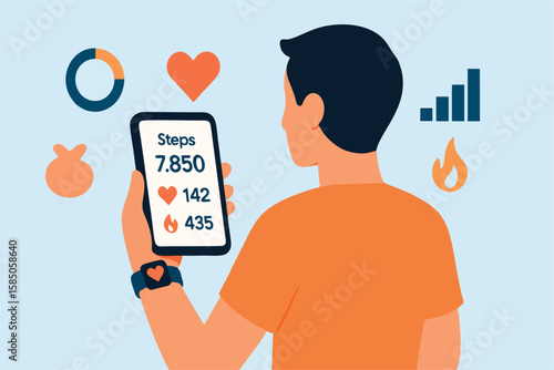 Flat Vector of Person Using Mobile App and Smartwatch to Monitor Fitness, Heart Rate, and Calories