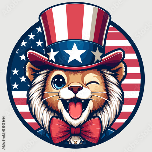 Lion. Independence Day 4th of July American Flag Cute Cartoon Mascot Clipart Line Art Vector Illustration. Big cat a jungle creature details info image and artwork regarding wild feline.