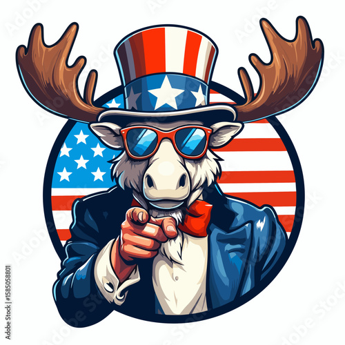 Moose. Independence Day 4th of July American Flag Cute Cartoon Mascot Clipart Line Art Vector Illustration. Big deer relative a large wild quadruped woodland creature from nature.