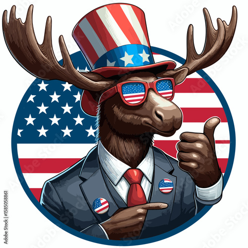 Moose. Independence Day 4th of July American Flag Cute Cartoon Mascot Clipart Line Art Vector Illustration. Large wild deer relative roaming forest area in northern habitats.