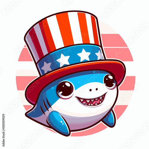 Shark. Independence Day 4th of July American Flag Cute Cartoon Mascot Clipart Line Art Vector Illustration. Ocean predator a marine creature with cartilage skeleton wildlife form.
