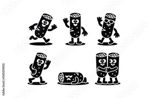 Cartoon burritos with faces and limbs in various poses character food