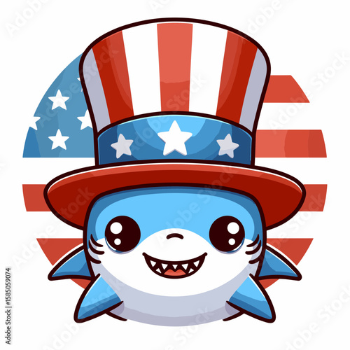 Shark. Independence Day 4th of July American Flag Cute Cartoon Mascot Clipart Line Art Vector Illustration. Predatory ocean creature a marine predator with teeth hazard in seawater.