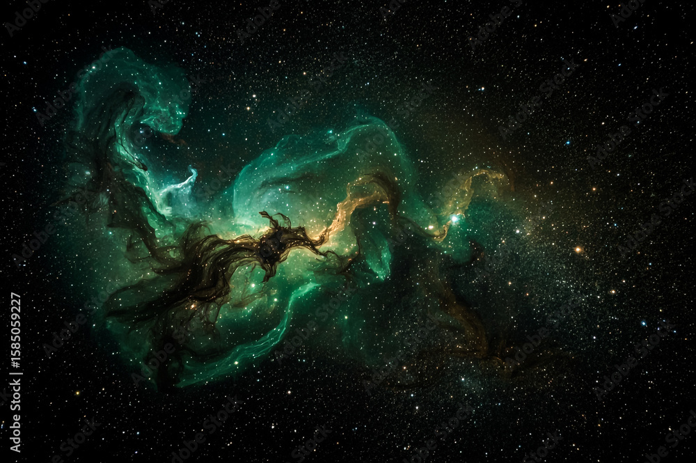A swirling nebula of green and gold gas clouds drifts through the starry expanse of the universe A swirling nebula of green and gold gas clouds drifts through the starry expanse of the universe