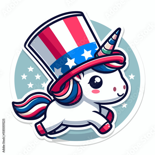Unicorn Running. Independence Day 4th of July American Flag Cute Cartoon Mascot Clipart Line Art Vector Illustration. Mythical creature dash speedy gallop fantasy beast in motion rapid.