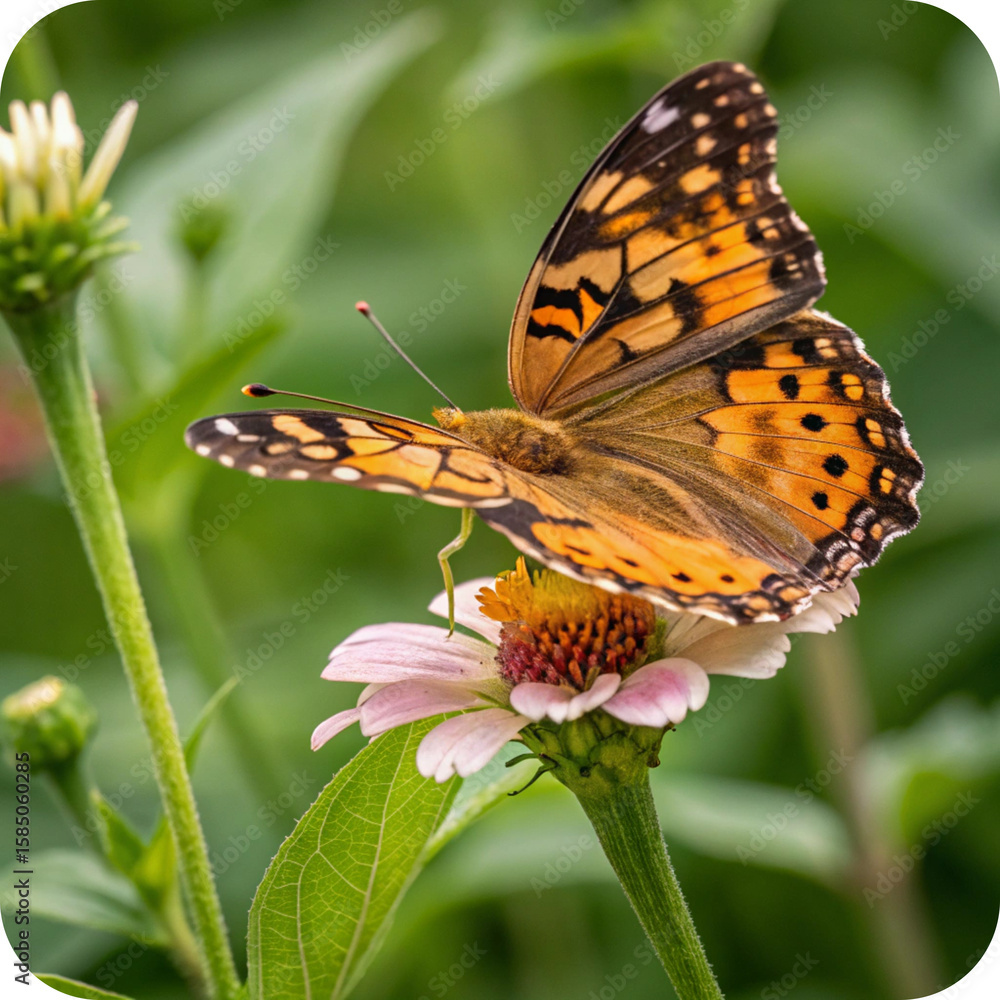 Obraz premium A colorful butterfly gracefully rests on a vibrant flower, showcasing the beauty of nature's small wonders in a summer garden