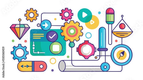 Illustration of colorful abstract machine elements with gears and various shapes and symbols present