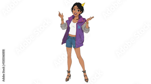 Animated illustration of a cheerful young woman in a party outfit, smiling and raising her hands in celebration.