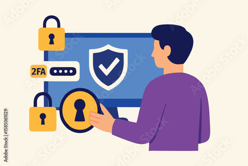 Flat Vector of Person Securing Data with Digital Shield and Two-Factor Authentication