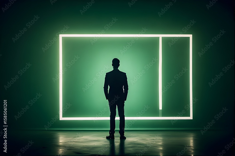 Fototapeta premium ia generated. Man in suit staring at glowing square in a green wall 