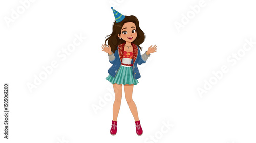 Animated illustration of a cheerful young woman in a party outfit, smiling and raising her hands in celebration.