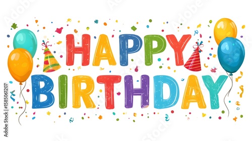 A festive happy birthday graphic with balloons confetti and party hats on a white background design