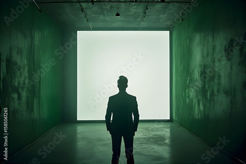 ia generated. Man in suit staring at glowing square in a green wall
