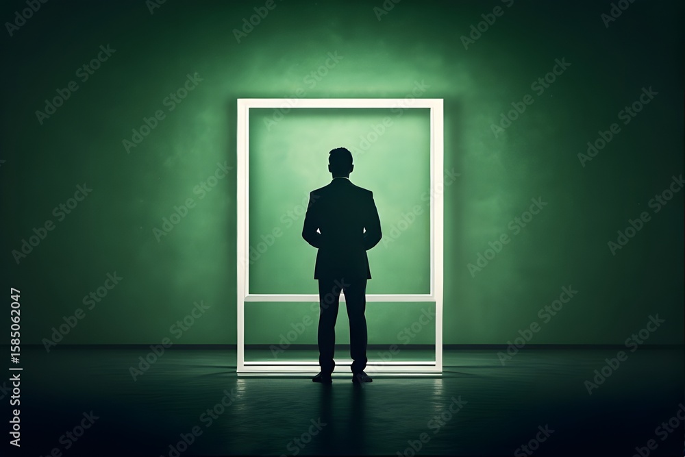 Fototapeta premium ia generated. Man in suit staring at glowing square in a green wall