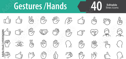 Gestures and Hands Line Icons, Handshake, Thumbs Up, Tap, Swipe, Finger Point, Editable Formats: AI, EPS, PNG, Ideal for Both UI and Print Media Use
