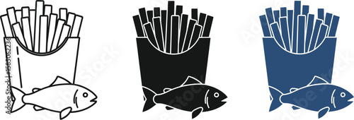 Three vector graphic icons showing fish and chips in different styles offer a simple illustration for fast food restaurant menus.