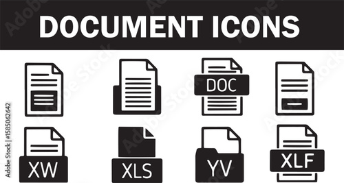 A set of flat design document icons showcasing various file formats like DOC, XLS, and generic documents, ideal for web interfaces and digital presentations