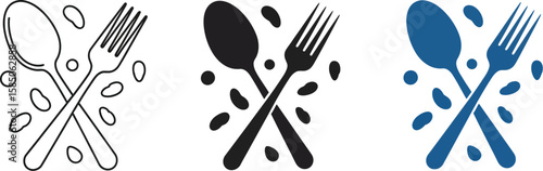 Elegant crossed spoon and fork vector design in three styles for culinary projects, restaurant logos, or food-related graphic elements.