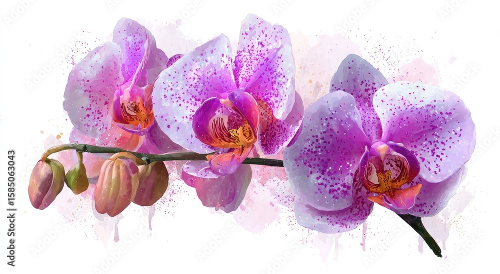 Fototapeta premium Watercolor-style painting of three vibrant pink and white speckled orchids on a stem with buds, set against a soft, pale pink watercolor wash background