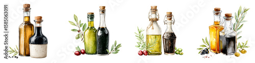Watercolor Olive Oil and Balsamic Vinegar Bottles with Olive Branch Arrangement Set