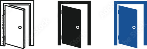 Three door icons in line art, black silhouette, and blue design offer versatile open doorway symbols.