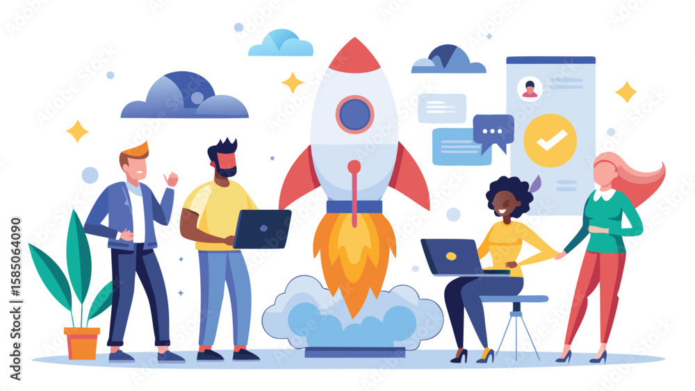 Obraz premium Team launching a rocket with laptops and checkmark on a screen in a startup environment illustration