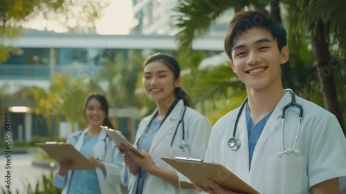 Three smiling medical students outdoors, holding clipboards and stethoscopes