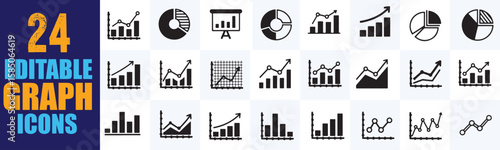 Black and white editable vector icons of graph and chart symbols ideal for data visualization, business analytics, and statistical representation in reports and presentats