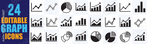 Set of editable vector graph and chart icons depicting data analysis, business growth, financial reports, and statistical trends, perfect for presentations or infographics