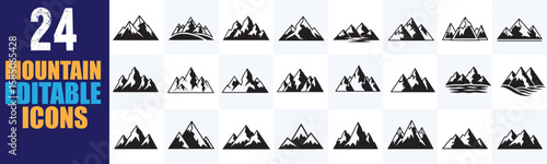 Stunning collection of 24 diverse mountain silhouettes and landscape icons, perfect for illustrating adventure, travel, nature, and outdoor themes with easily editable vector graphics