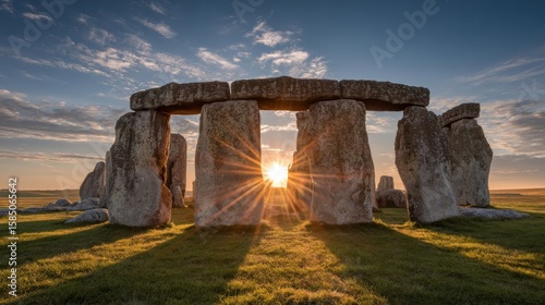 Stonehenge Sunrise: Majestic Megalithic Structure at Dawn in Wiltshire, England, Bathed in Golden Sunlight