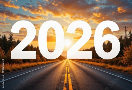 Wallpaper Mural Driving Towards the Future: The Road to 2026 on a Golden Sunset Horizon Torontodigital.ca