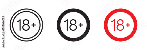 Age limit 18 plus icon set. Warning for minors symbol. Adults only, forbidden sign. Vector illustration. Editable stroke. Flat design.