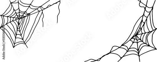 Spider's web, on a postcard or invitation, black and white ink sketch. Vector illustration. Traditional Halloween party decor is isolated on a white background. For postcards, invitations, printing