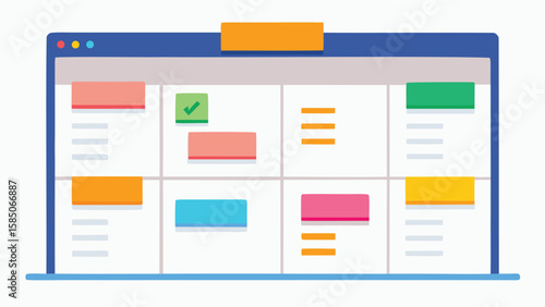 Illustration of a digital dashboard with multiple sections and colorful blocks indicating task status and progress