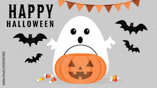 A halloween scene featuring a ghost with a pumpkin basket, bats, and candy corn illustration