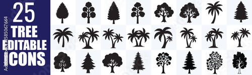 Vibrant collection of 25 diverse tree silhouettes and forest icons, perfect for illustrating nature, environment, and various landscape designs with easily editable vector graphics