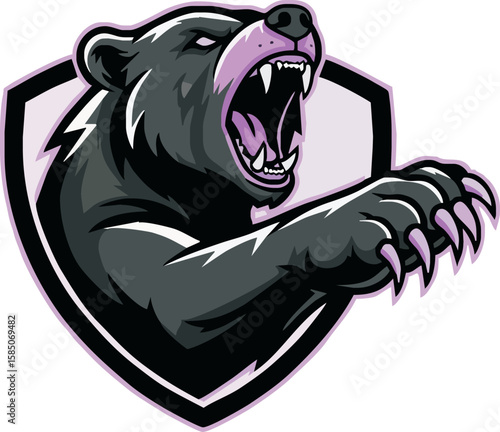 A black bear with an aggressive expression, its mouth open in a roar, claws extended, positioned against a shield-like graphic.
