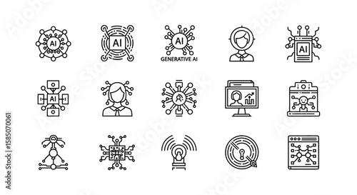 AI Vector Icon Set | Data analysis, neural network, computing, ai, generative, human