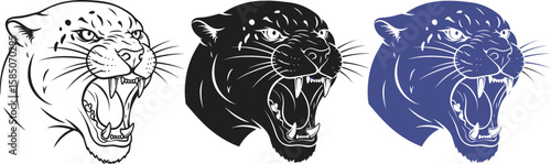 A vector graphic set featuring roaring panther heads in different artistic styles, showcasing ferocity and bold design elements perfect for logos or prints.