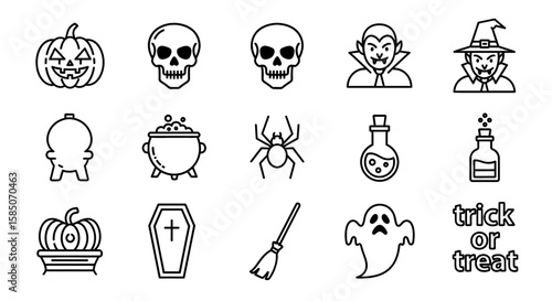 Halloween Vector Icon Set | Pumpkin, skull, vampire, witch, ghost, spider, broom, potion, cauldron, coffin, trick or treat icons