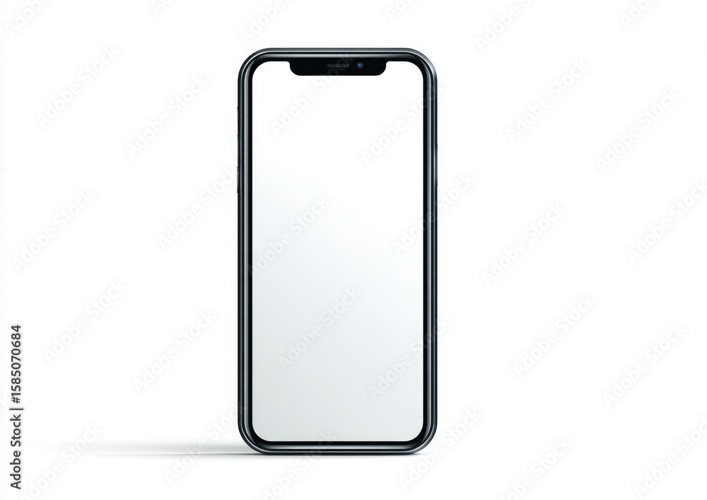 Sleek, dark-framed smartphone with blank white screen, subtly shadowed on a white background Sleek, dark-framed smartphone with blank white screen, subtly shadowed on a white background