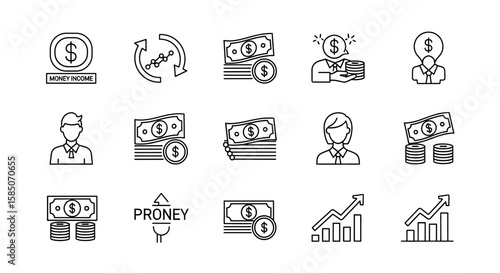 Money and Income Vector Icon Set | Finance, investment, money, chart, budget, graph, earnings, growth, profit, revenue, income, cash icons